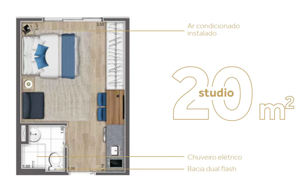 Planta da unidade Studio - 0405 .Torre 3 - UBIATANS - ClubLine São Judas - NR - Fase 2