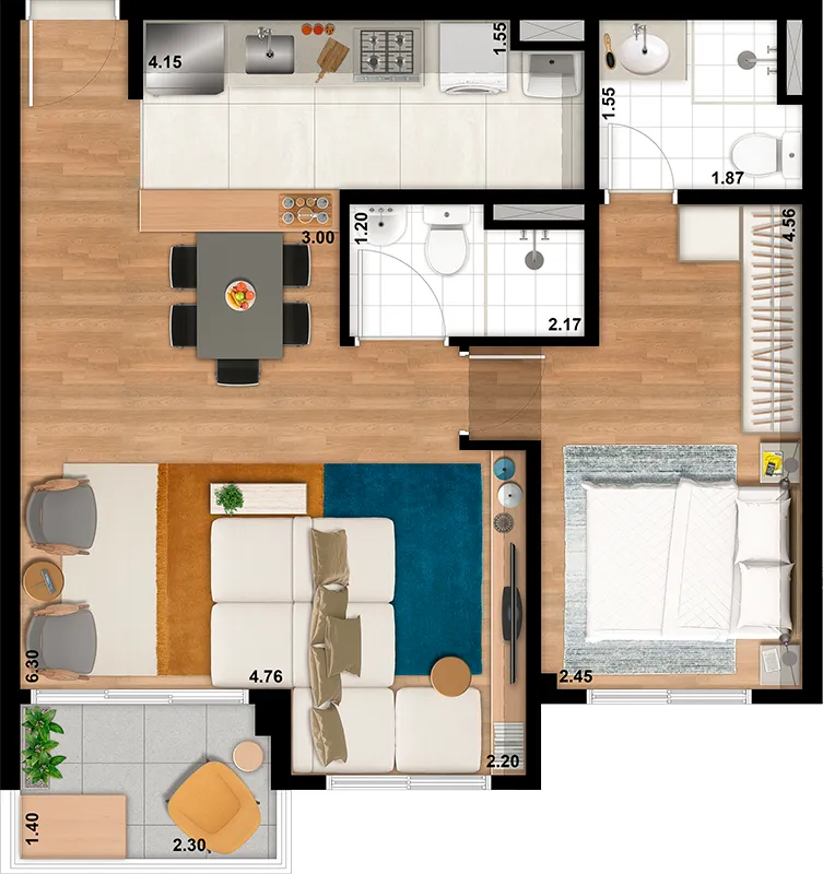 Planta da unidade Apartamento - U0208  - Supreme Jardim São Paulo - Residencial